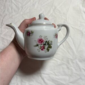 vintage Lefton China teapot featuring a pink floral design and gold trim